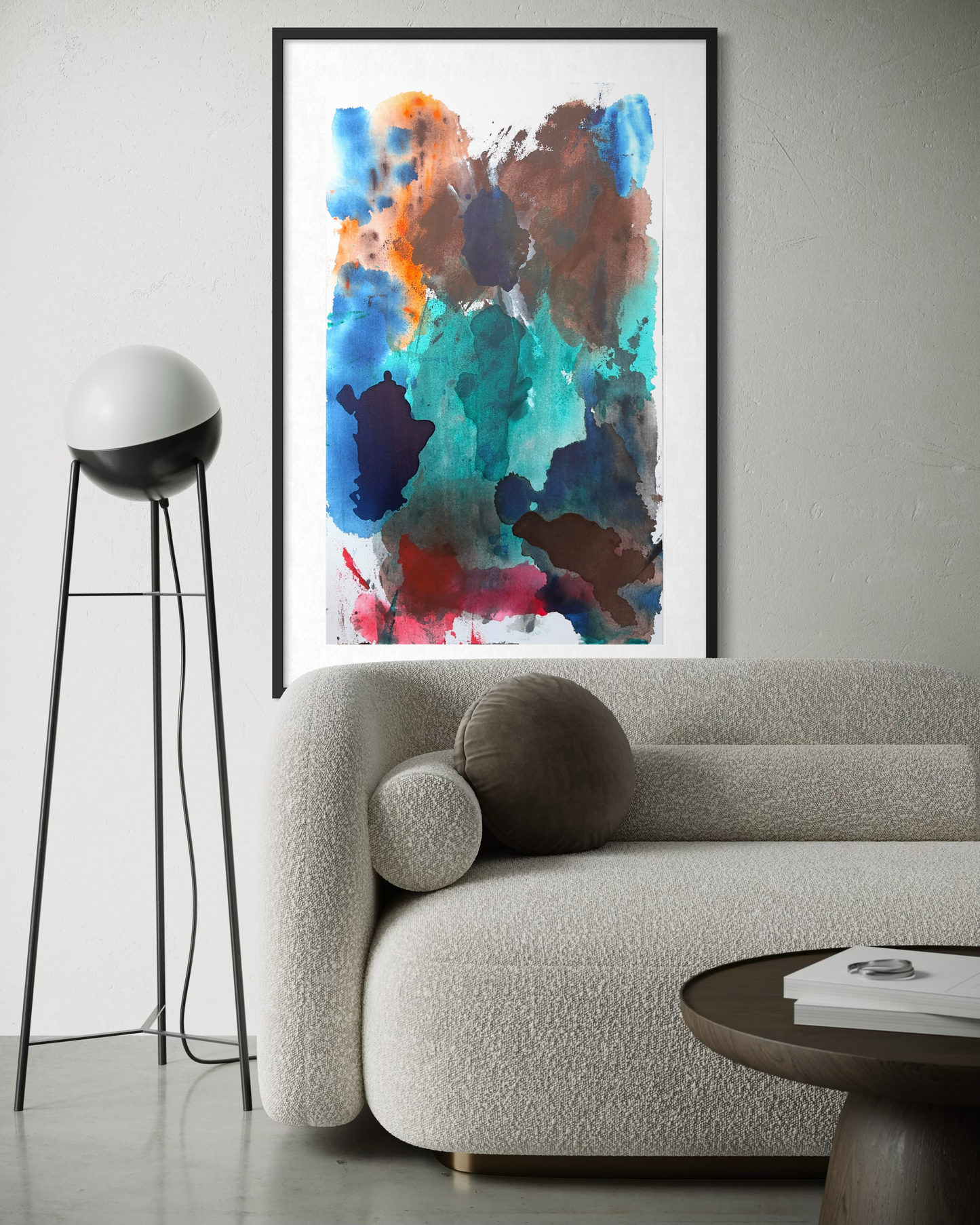 Obra de arte abstracto Historia 07 Flux de Fabio Gómez, acrílico sobre lienzo en tonos azules y tierra